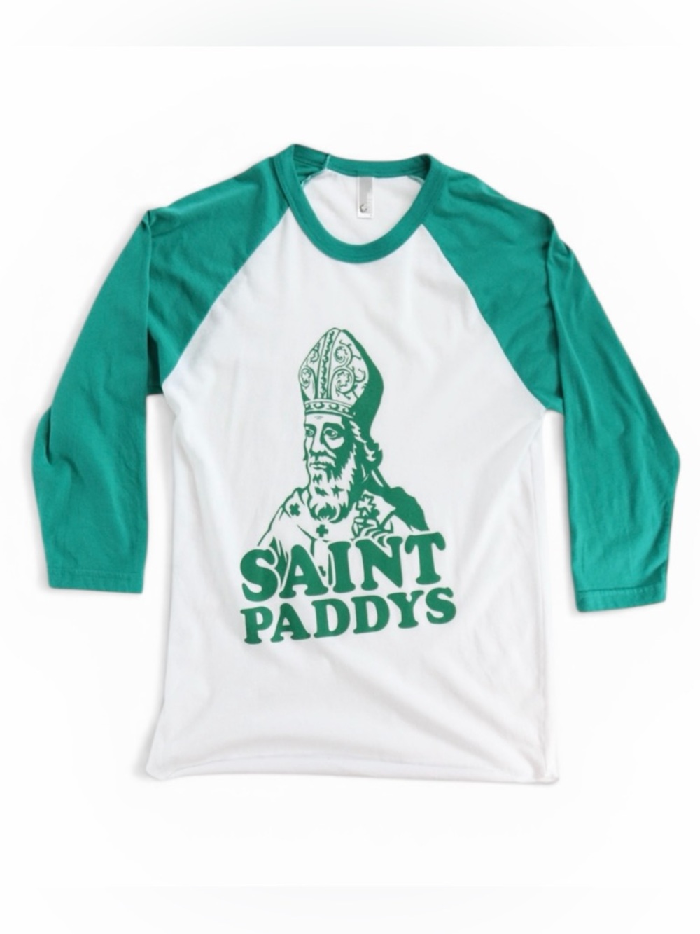 Saint Paddys Green & White Raglan 3/4 Sleeve - Slightly crooked graphic